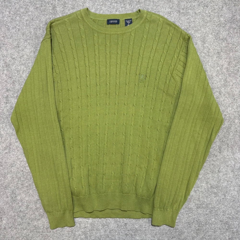 IZOD Mens Sweater Small Green Cable Knit Cotton Crewneck Pullover Long Sleeve